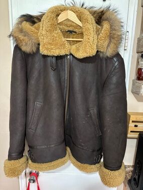 JAKEWOOD Men's Brown Shearling Aviator Jacket with Tan Shearling Trim